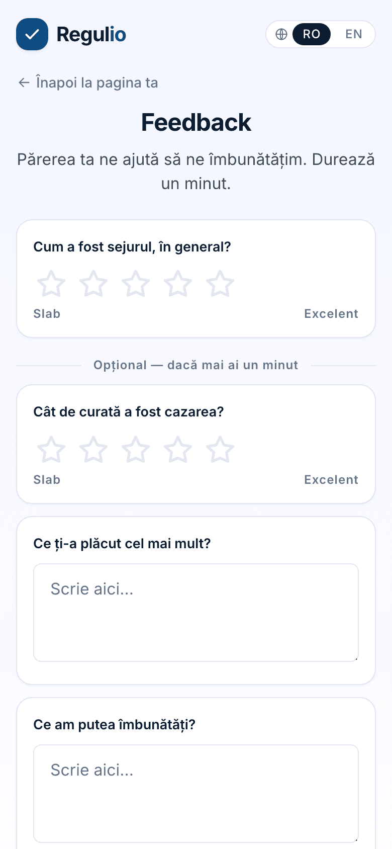 Feedback de la oaspeți, care chiar spune ceva — captură reală din aplicație