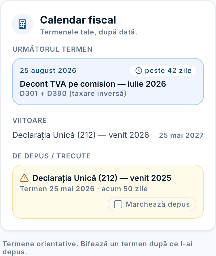 Sidebar-ul „Calendar fiscal” cu următorul termen și termenele viitoare.