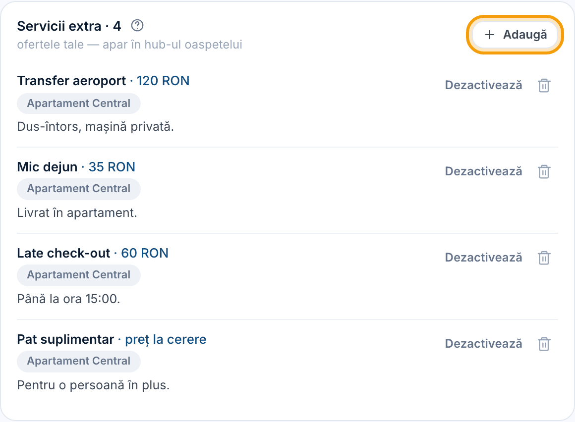Cardul „Servicii extra” cu lista de oferte și butonul „Adaugă” evidențiat.