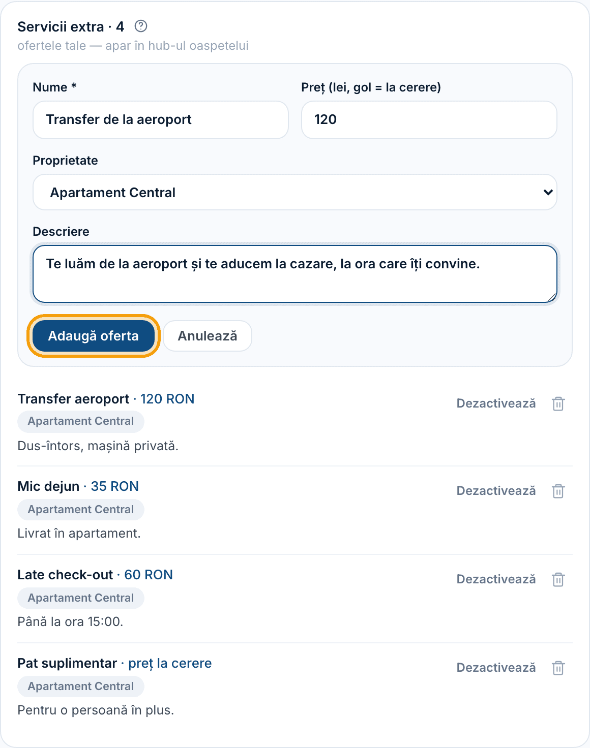 Formularul de adăugare a unei oferte, completat, cu butonul „Adaugă oferta” evidențiat.