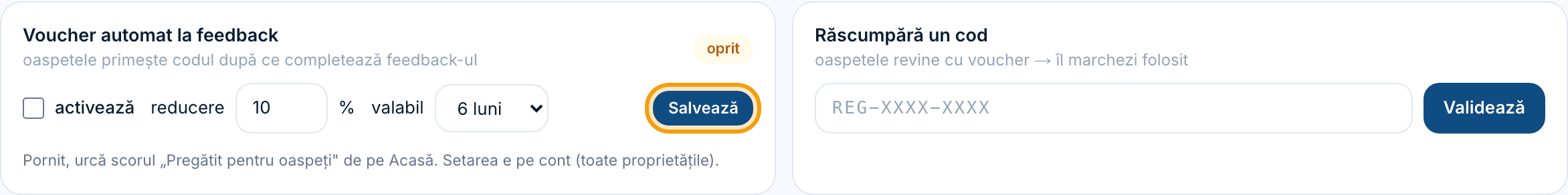 Cardul „Voucher automat la feedback” cu reducere/valabilitate și butonul „Salvează” evidențiat, lângă „Răscumpără un cod”.