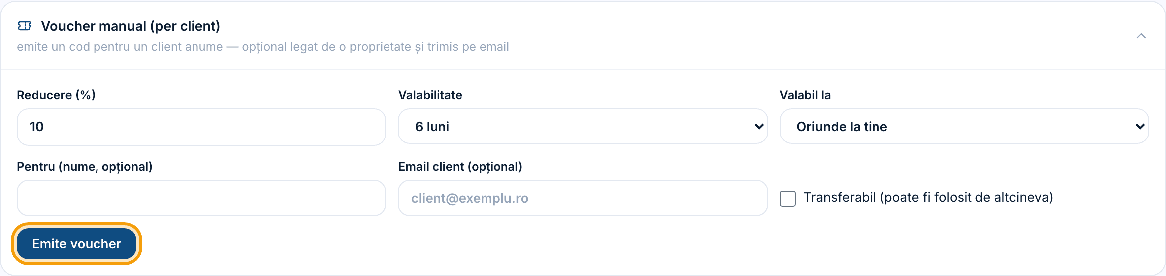 Formularul „Voucher manual (per client)” extins, cu butonul „Emite voucher” evidențiat.