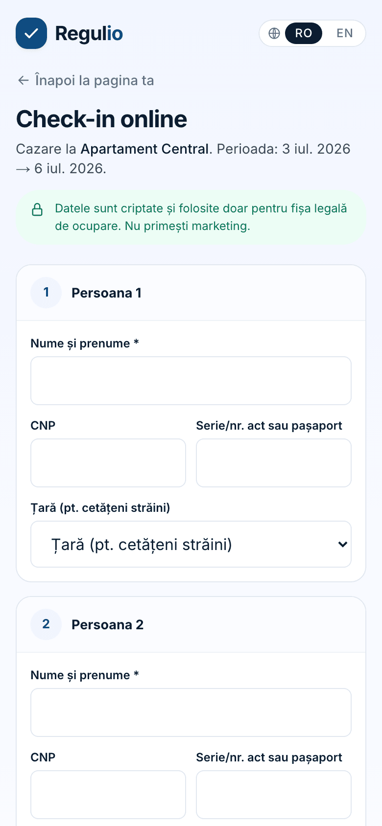 Self check-in — poarta către hub — captură reală din aplicație