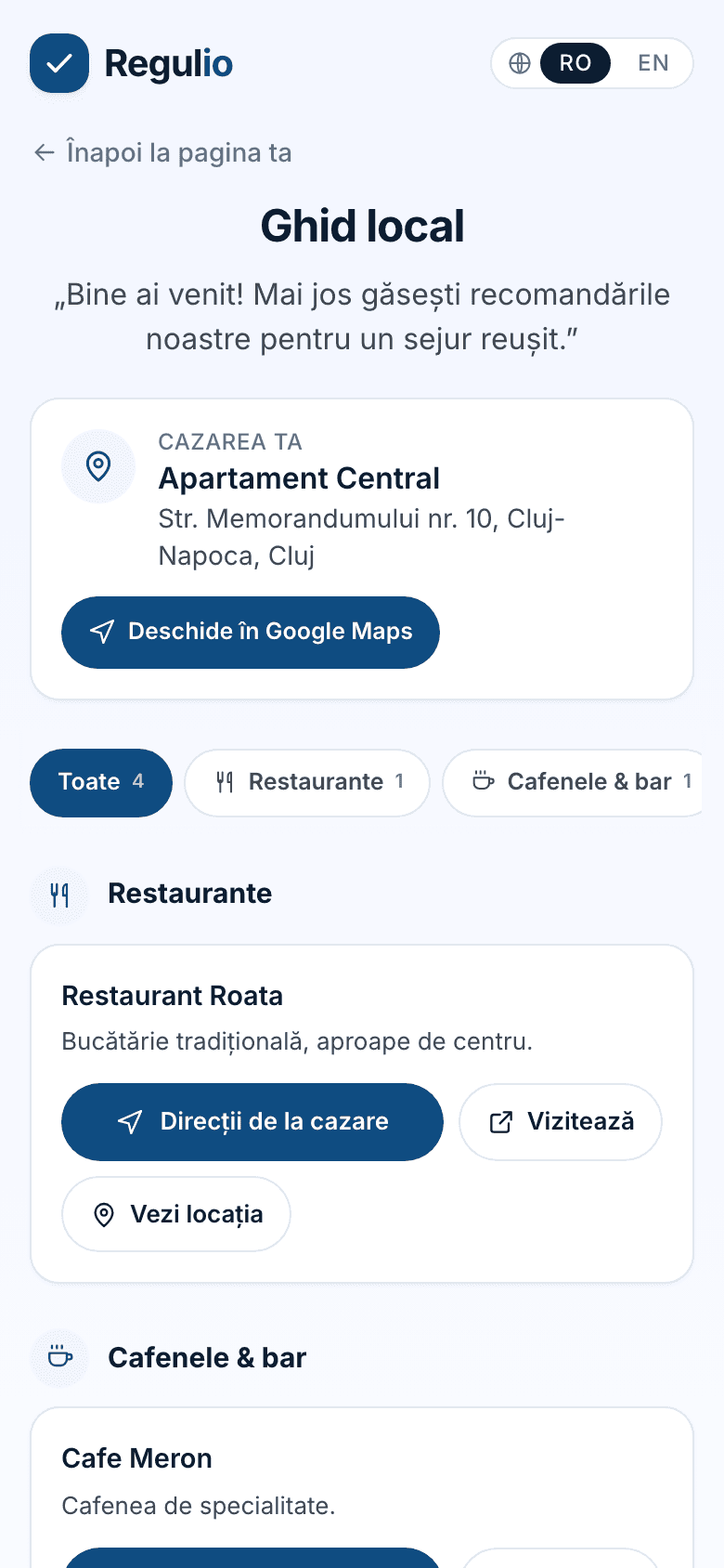 Ghidul local al oaspetelui — captură reală din aplicație