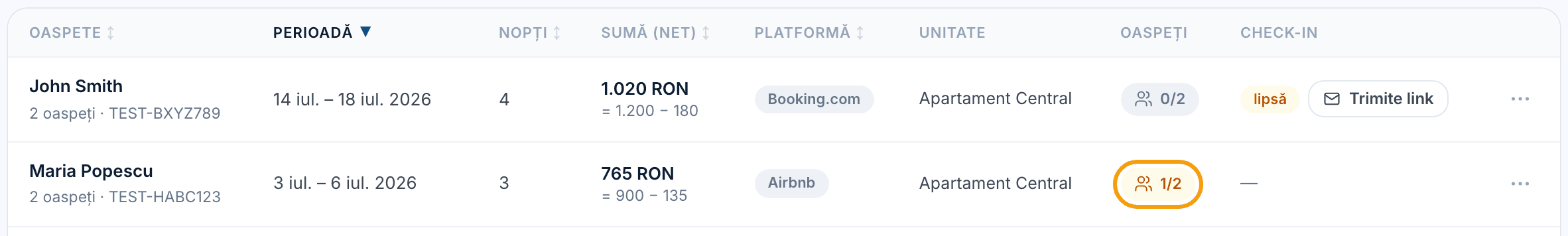 Tabelul de rezervări, cu pastila de oaspeți (1/2) evidențiată și coloana Check-in.