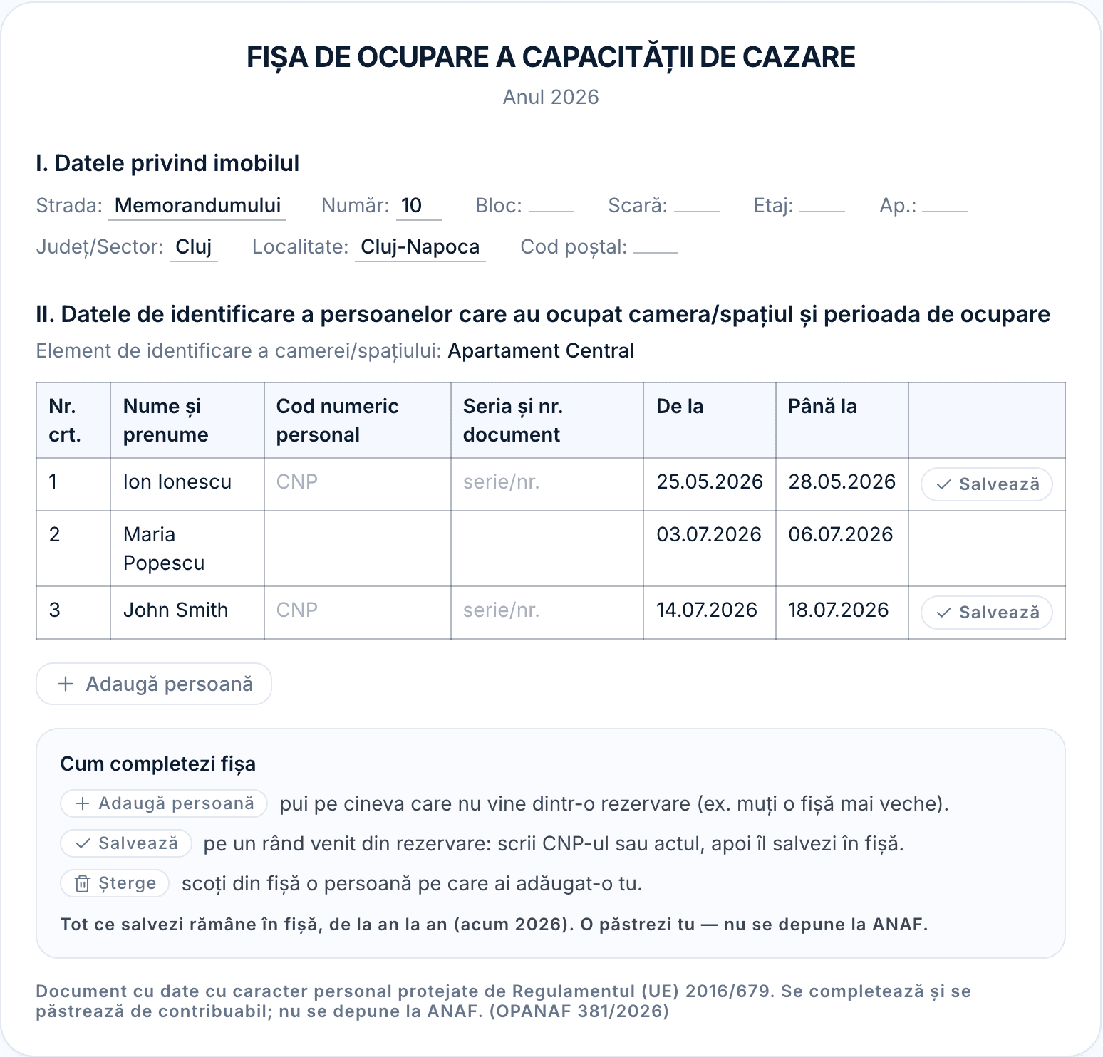 Fișa de ocupare (format OPANAF 381/2026) pre-completată: adresa imobilului și tabelul de persoane.