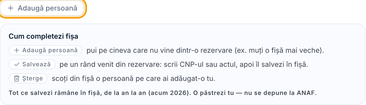 Butonul „Adaugă persoană” (evidențiat) și legenda cu Salvează / Șterge.