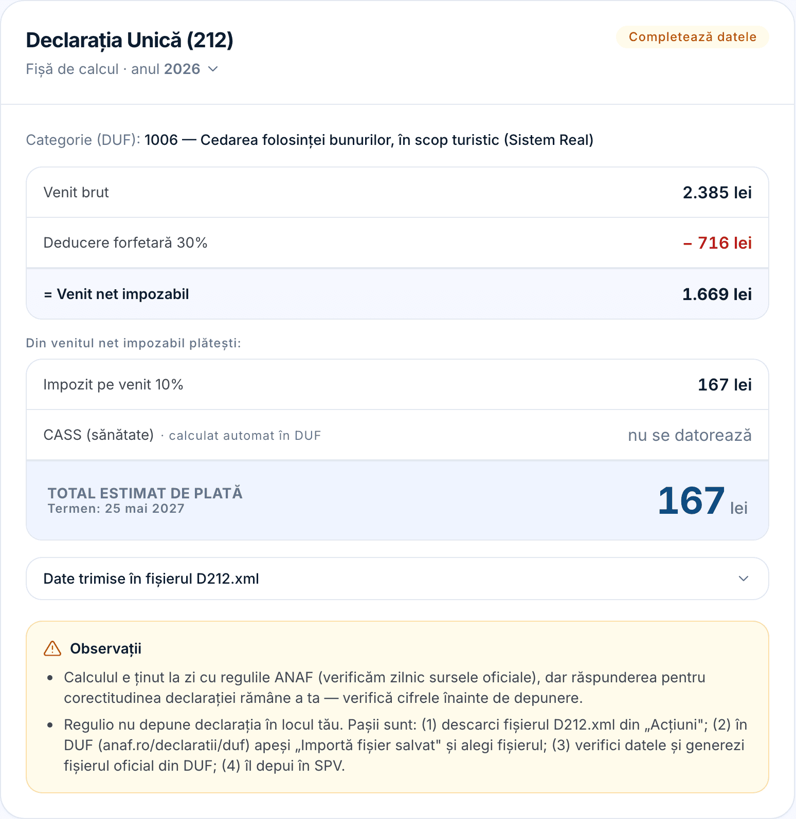 Fișa de calcul a Declarației Unice: venit brut, deducere, venit net, impozit, total de plată.