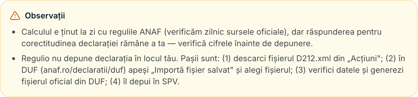 Caseta „Observații” cu cei 4 pași de depunere: descarci D212.xml, imporți în DUF, verifici, depui în SPV.