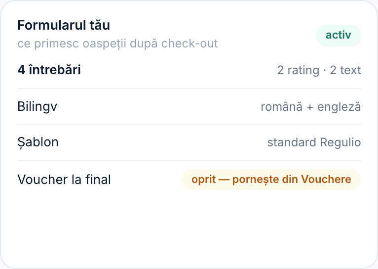 Cardul „Formularul tău”: număr de întrebări, bilingv, șablon, voucher la final.