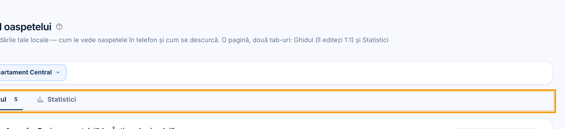 Pagina Ghid local: filele „Ghidul” / „Statistici”, comutatorul de publicare și începutul editorului.