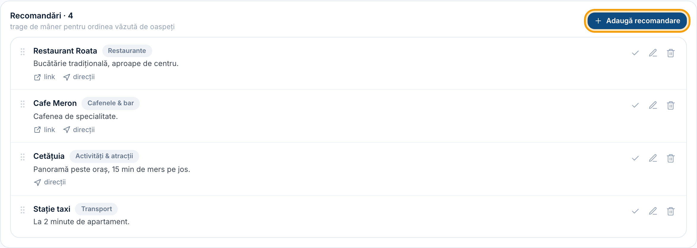 Cardul „Recomandări” cu lista de locuri și butonul „Adaugă recomandare” evidențiat.