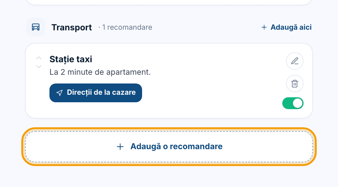 Butonul „Adaugă o recomandare” din josul ghidului, plus linkul „Adaugă aici” din antetul unei categorii.