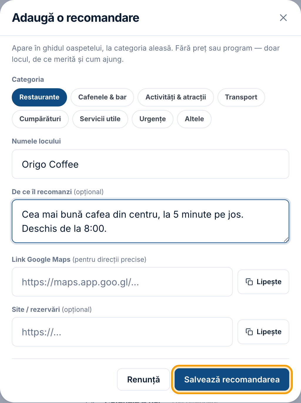 Fereastra „Adaugă o recomandare”, completată, cu butonul „Salvează recomandarea” evidențiat.