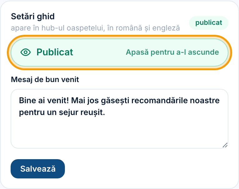 Cardul „Setări ghid” cu butonul de publicare (Publicat) evidențiat și mesajul de bun venit.