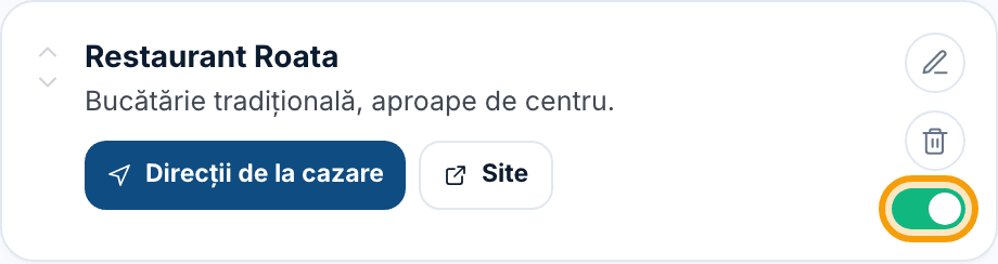 Un rând de recomandare cu săgețile Sus/Jos, comutatorul de afișare și butoanele de editare/ștergere.