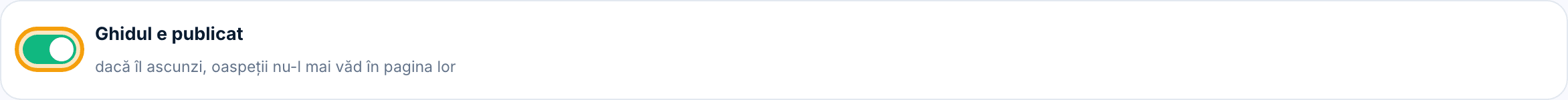 Bara de sus cu comutatorul pornit și textul „Ghidul e publicat”.