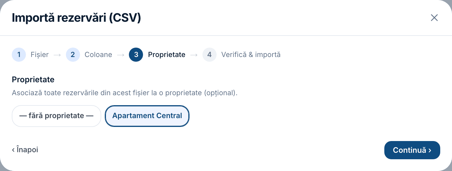 Pasul „Proprietate”: asocierea rezervărilor la o proprietate.