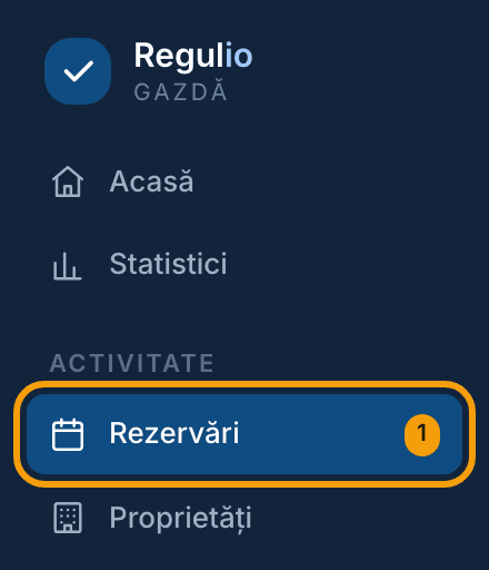 Meniul aplicației Regulio, cu opțiunea „Rezervări” evidențiată.