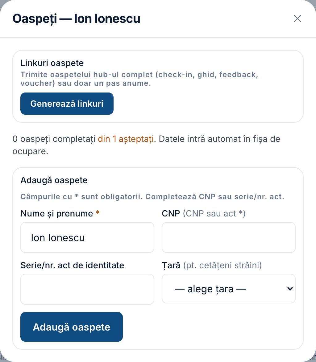 Fereastra „Oaspeți”, cu cardul „Linkuri oaspete” în partea de sus.