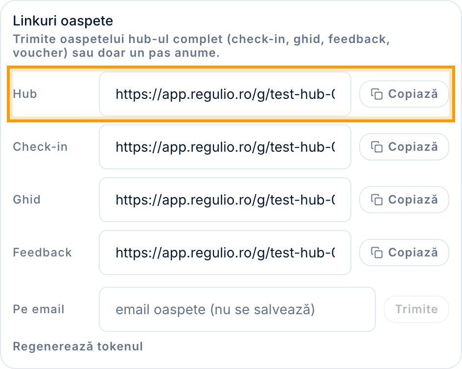 Lista de linkuri (Hub, Check-in, Ghid, Feedback) cu butoane „Copiază”; rândul „Hub” e evidențiat.