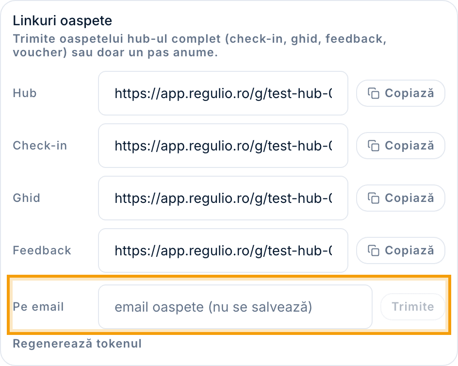 Rândul „Pe email” cu câmpul de adresă și butonul „Trimite”, evidențiat.