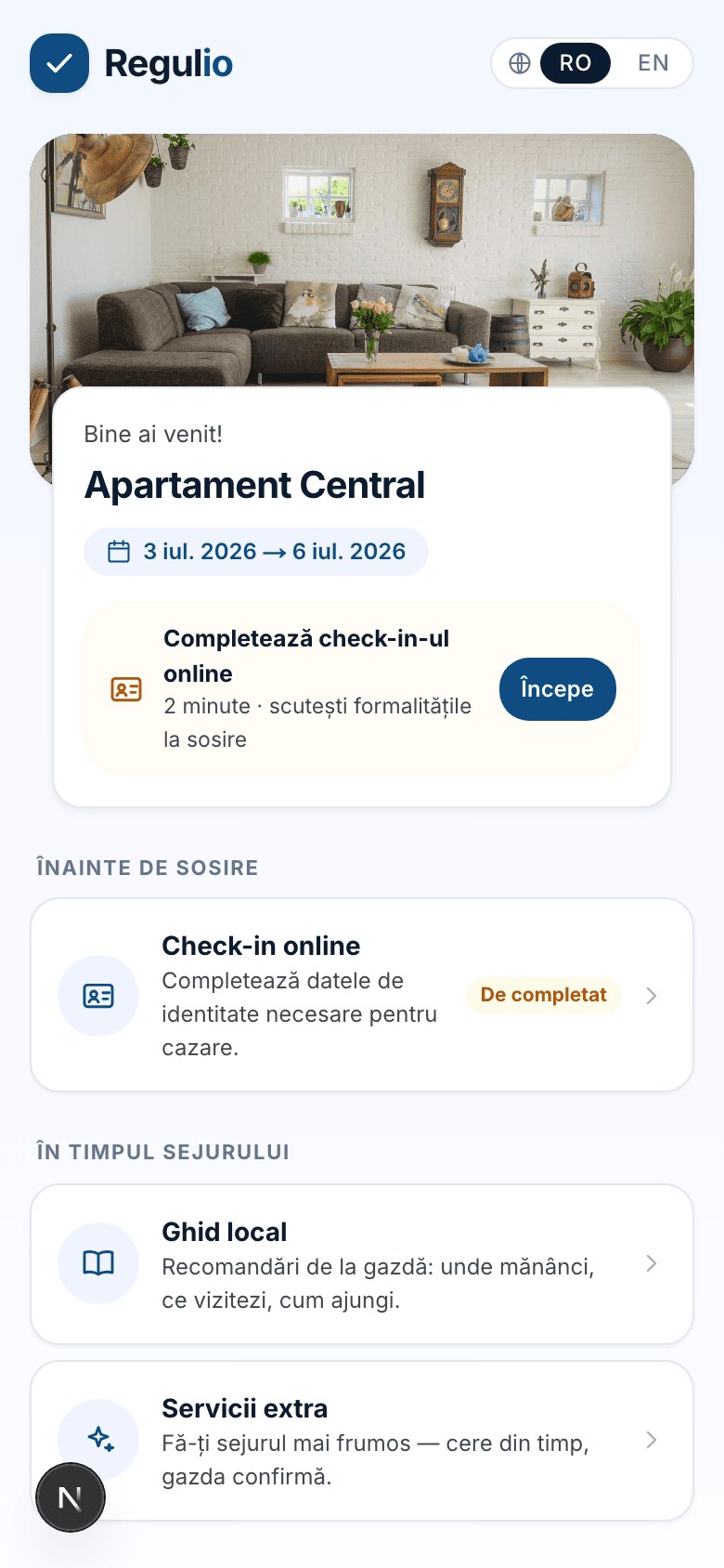 Hub-ul oaspetelui pe telefon: poza cazării, „Bine ai venit!” și pașii (check-in, ghid, feedback).