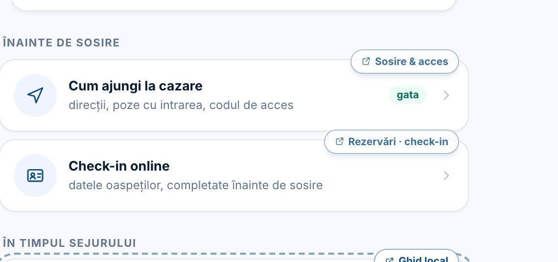Secțiunea „Înainte de sosire” cu rândurile „Cum ajungi la cazare” și „Check-in online”, cu bulinele de stare.