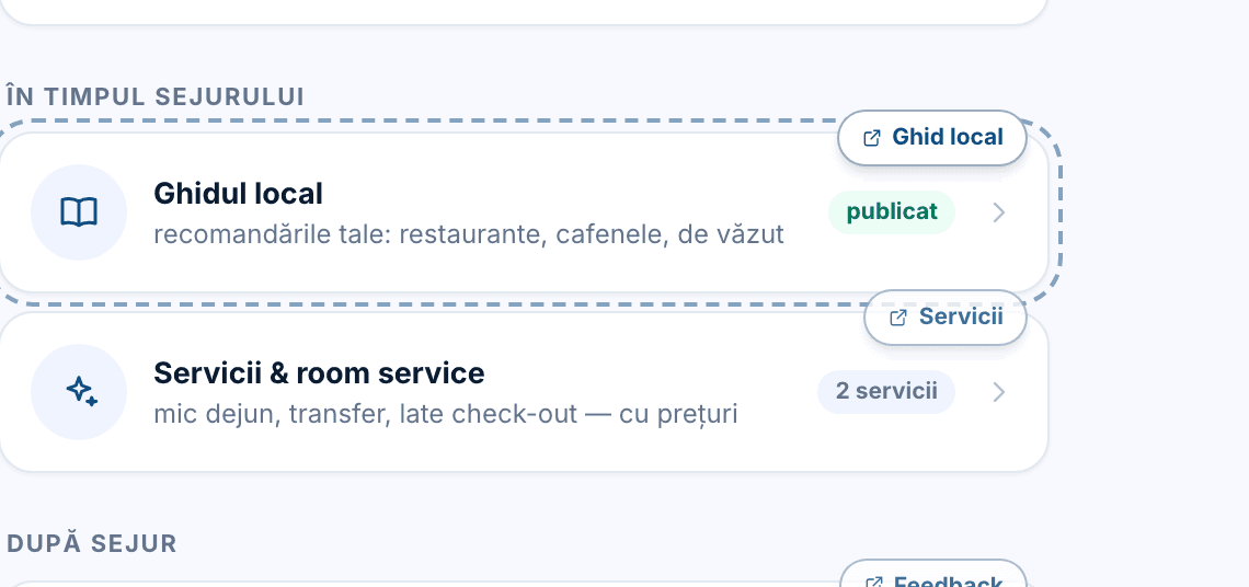 Secțiunea „În timpul sejurului” cu Ghidul local și Servicii & room service.