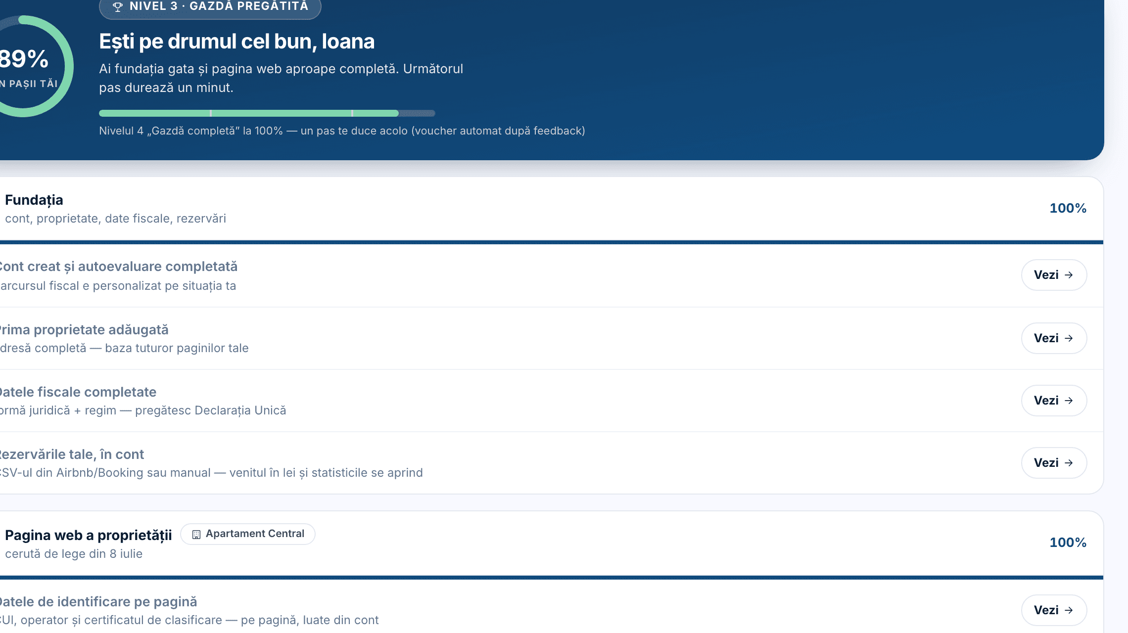Etapa „Fundația” din pagina Parcursul tău, cu cei 4 pași și starea fiecăruia.