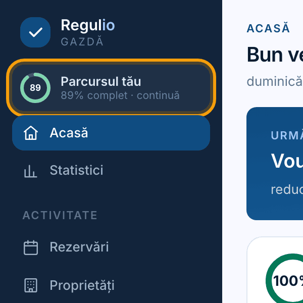 Pastila de progres din bara laterală, cu procentul curent.