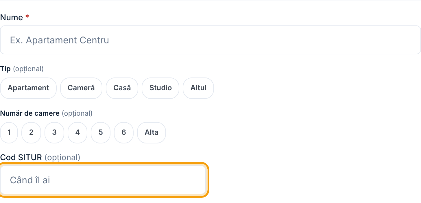 Câmpurile de bază din formular (Nume, Tip, Număr de camere), cu „Cod SITUR” evidențiat.