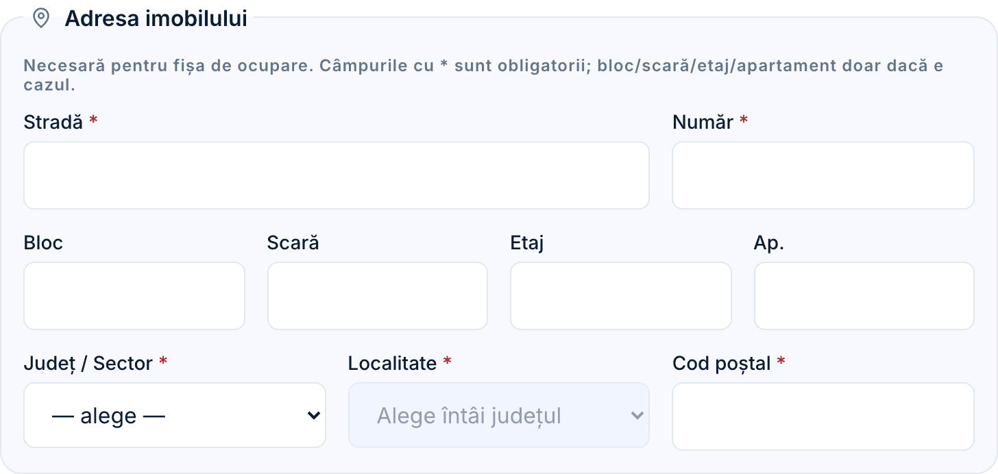 Secțiunea „Adresa imobilului” cu câmpurile de adresă.
