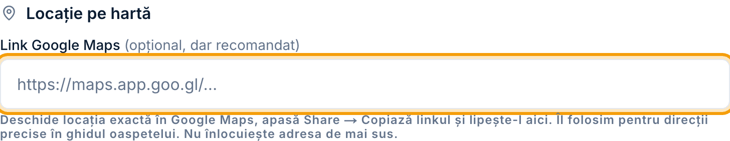 Câmpul „Link Google Maps” din formular, evidențiat.