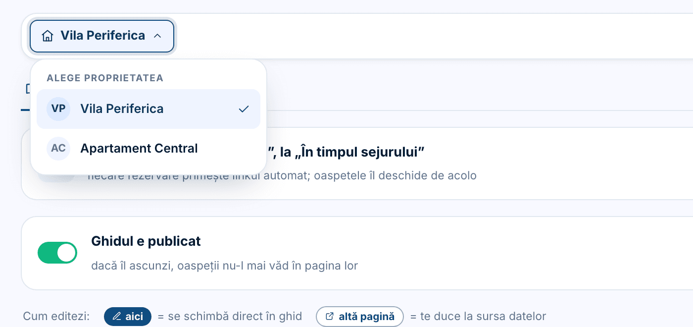 Selectorul de proprietate cu două unități omonime, dezambiguizate prin stradă.