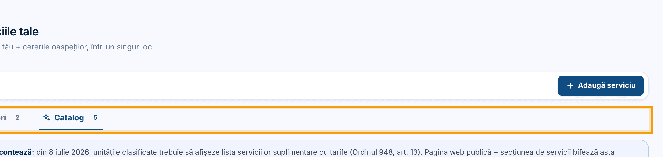 Pagina Servicii cu filele „Cereri” și „Catalog” și selectorul de proprietate.