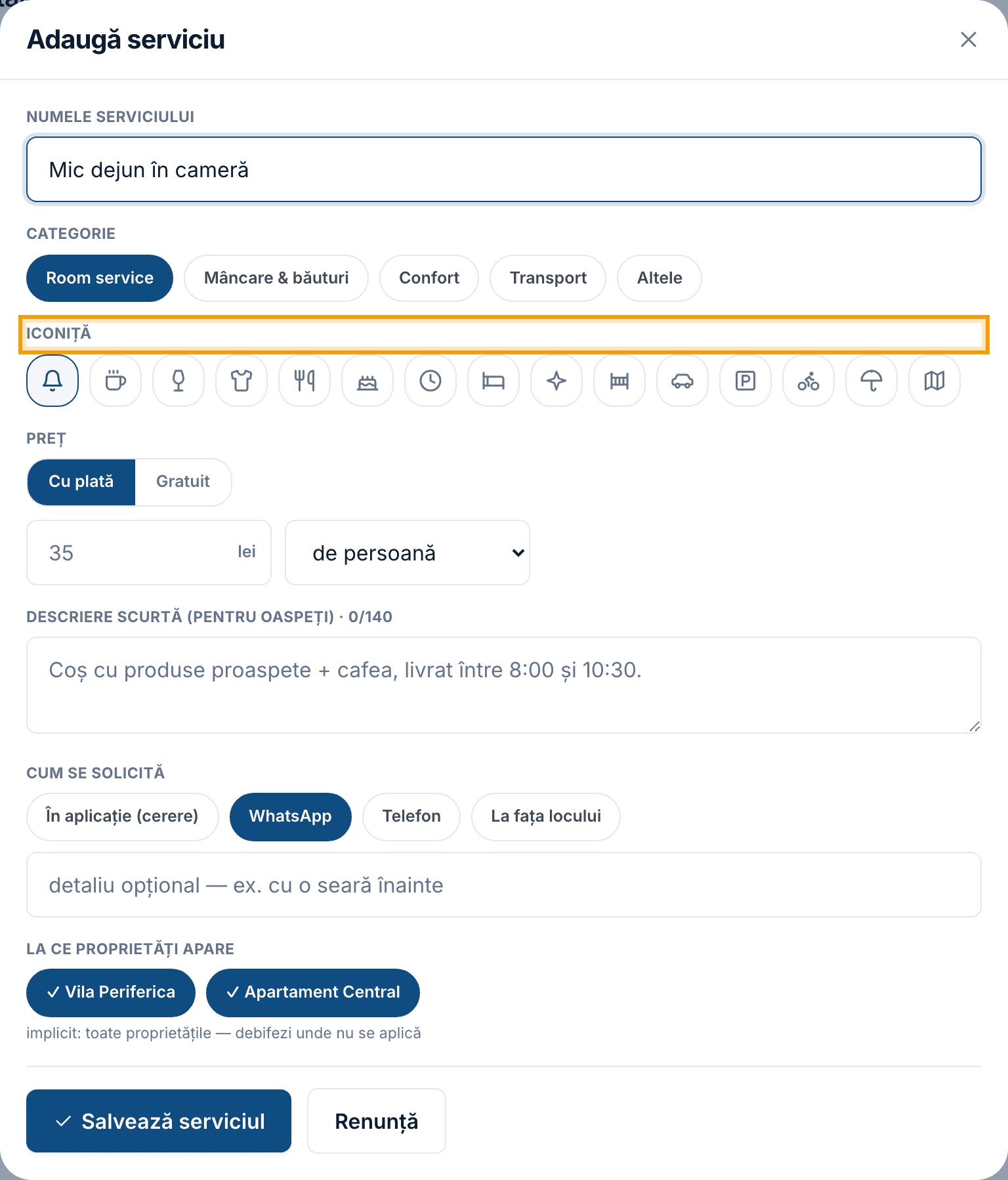 Fereastra „Adaugă serviciu”: numele, categoria și grila de iconițe.