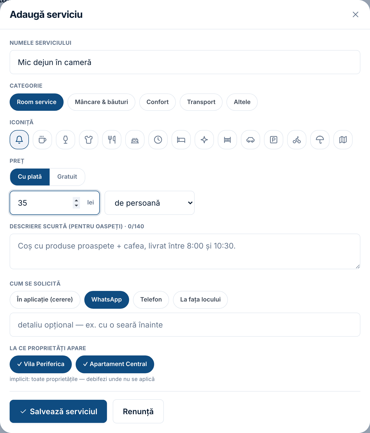 Câmpul Preț cu comutatorul Cu plată / Gratuit, suma în lei și lista de unități.