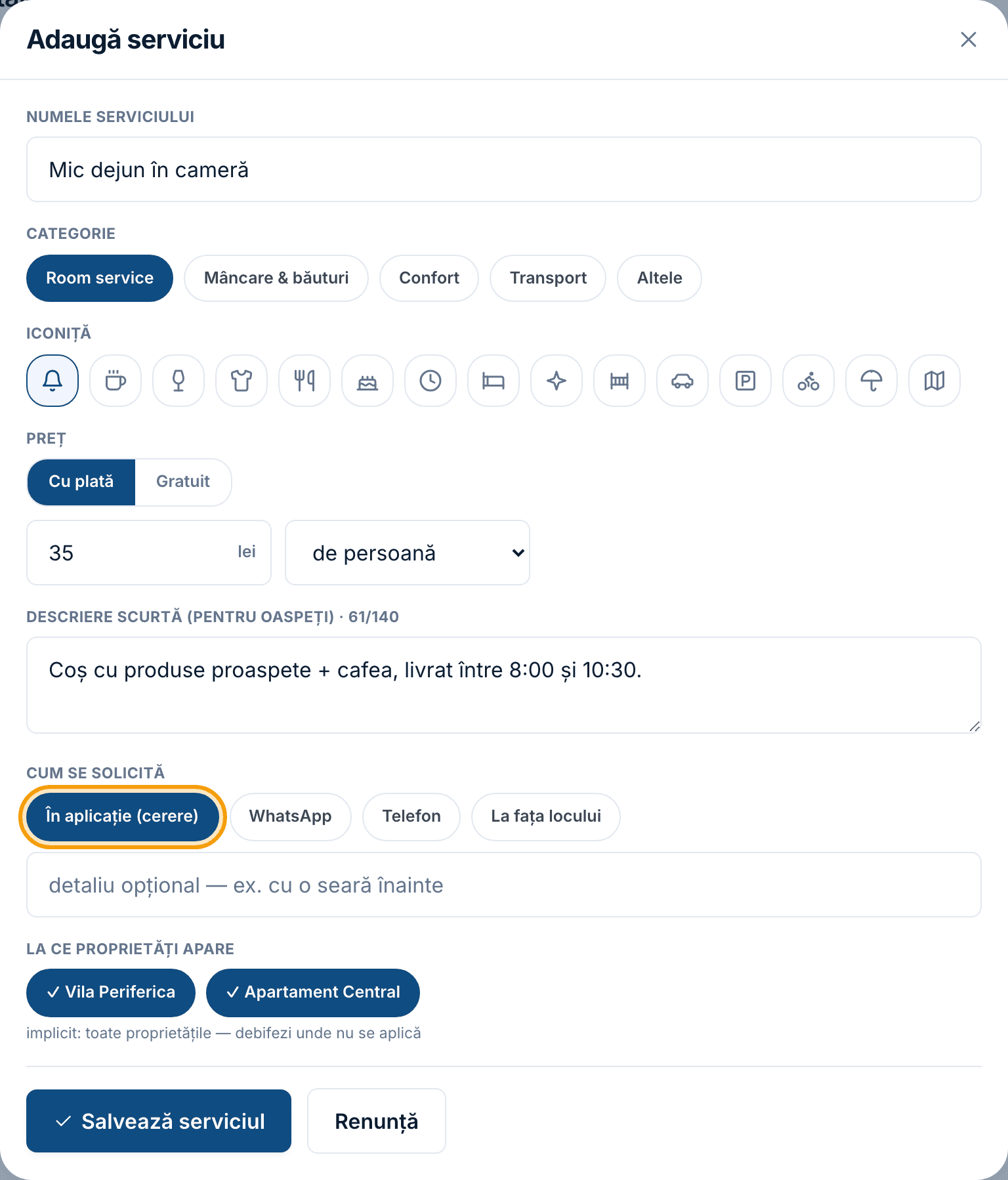 Câmpurile „Descriere scurtă (pentru oaspeți)” și „Cum se solicită”, cu pastilele de canal.