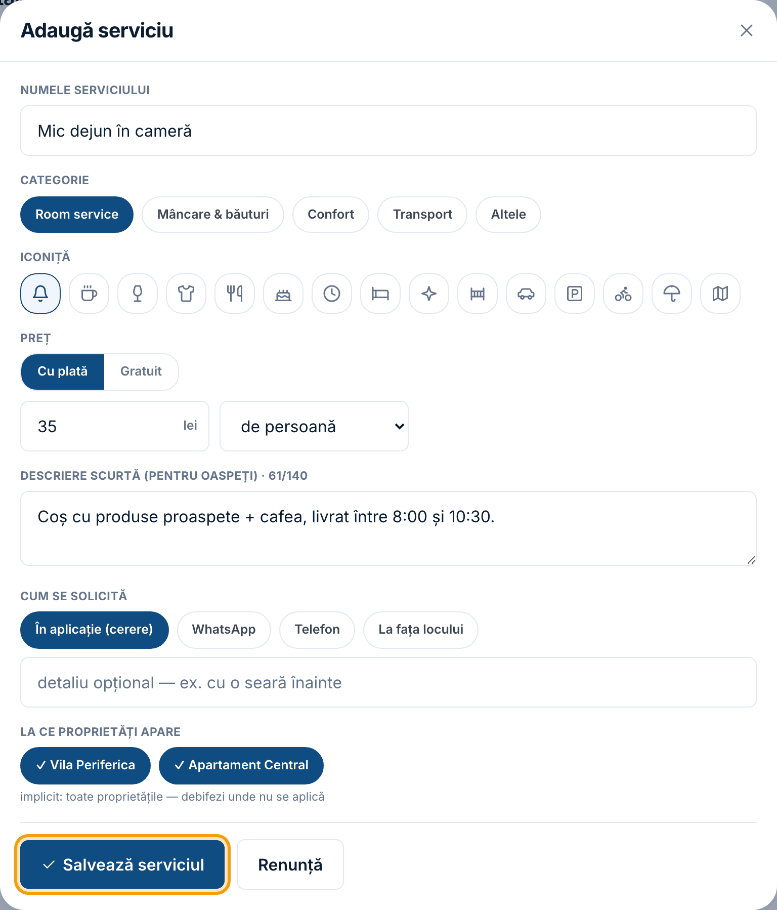Câmpul „La ce proprietăți apare” cu pastilele bifate și butonul „Salvează serviciul”.