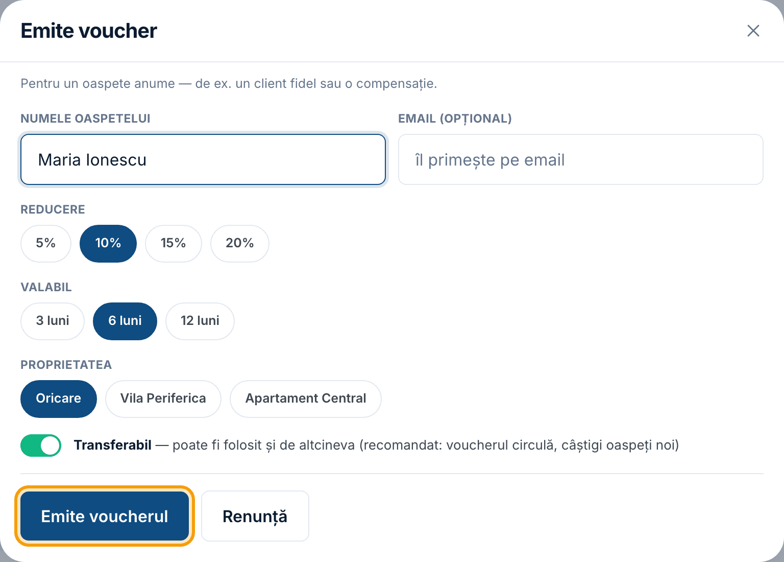 Fereastra „Emite voucher” completată, cu butonul „Emite voucherul” evidențiat.