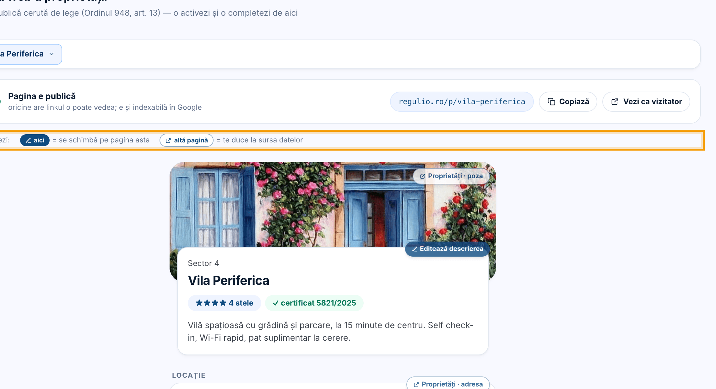 Pagina web în editor: bara de stare sus, legenda „Cum editezi” și începutul paginii publice cu pastilele de editare.