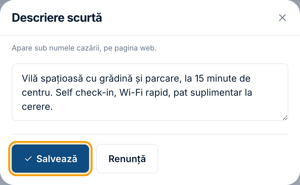 Fereastra „Descriere scurtă” cu textul completat și butonul „Salvează”.