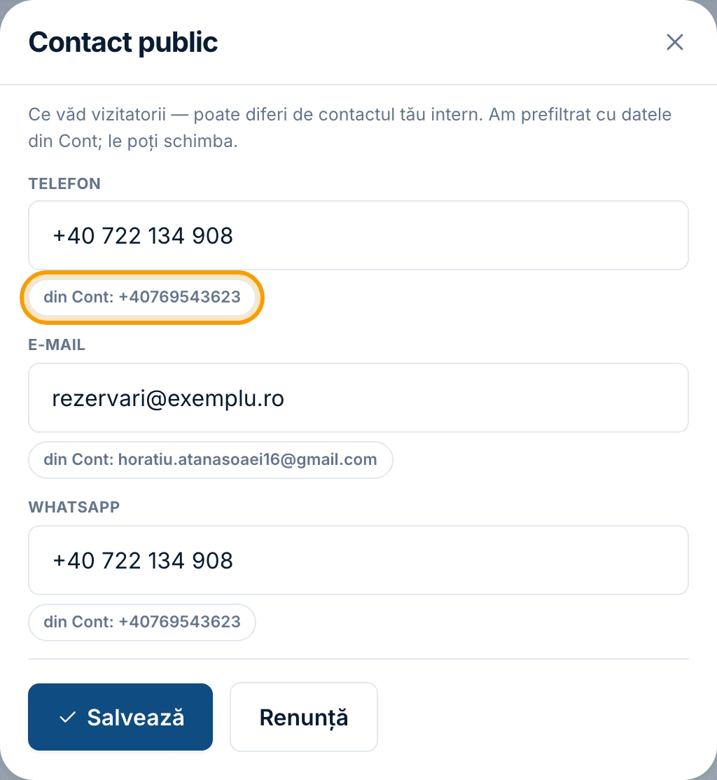 Fereastra „Contact public” cu Telefon, E-mail și WhatsApp, plus butonul „Pune valoarea din Cont”.