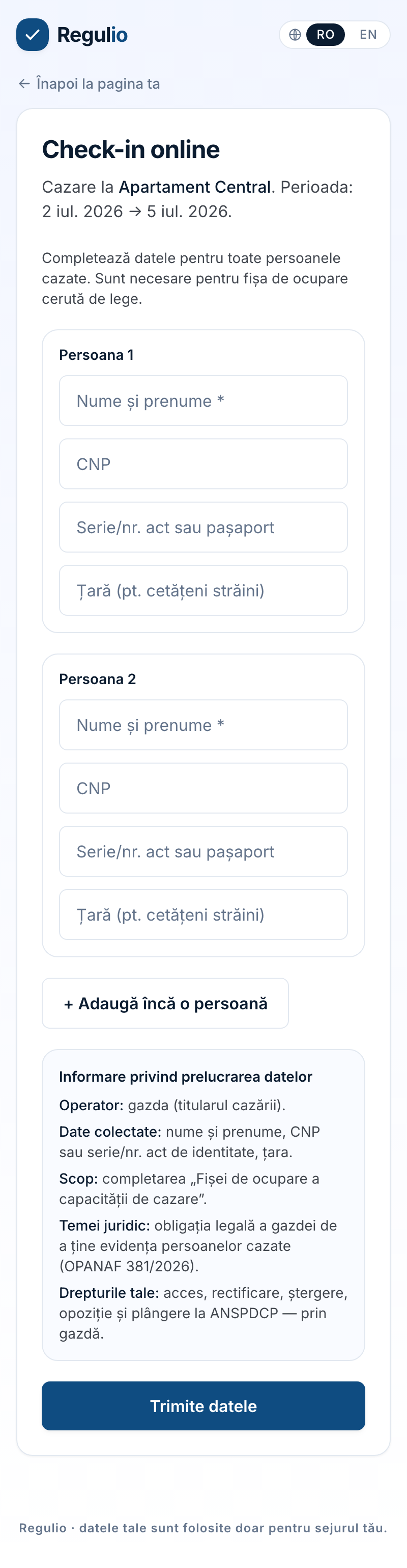 Self check-in — poarta către hub — captură reală din aplicație