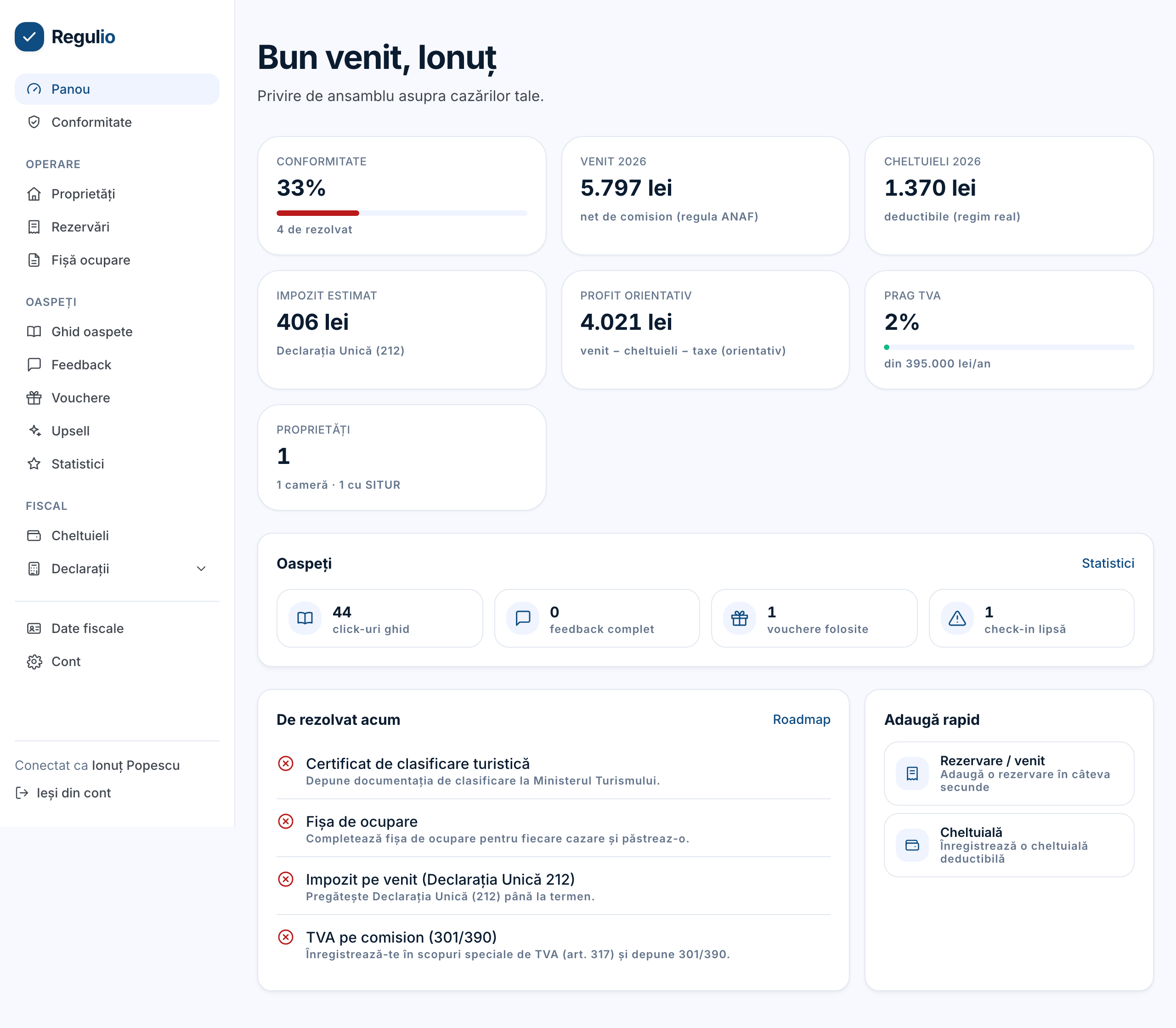 Statistici de oaspete + profit orientativ — captură reală din panoul gazdei