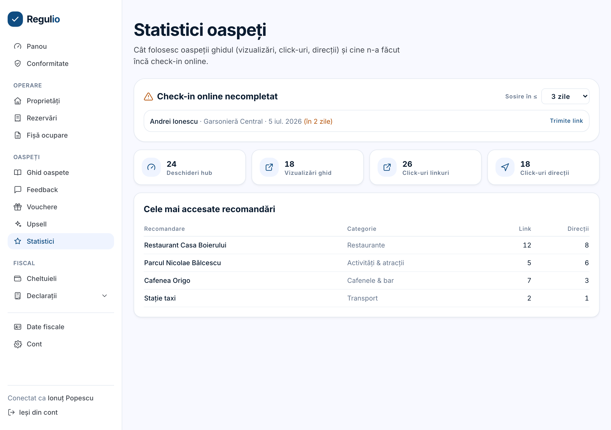 Statistici de oaspete + profit orientativ — captură reală din panoul gazdei